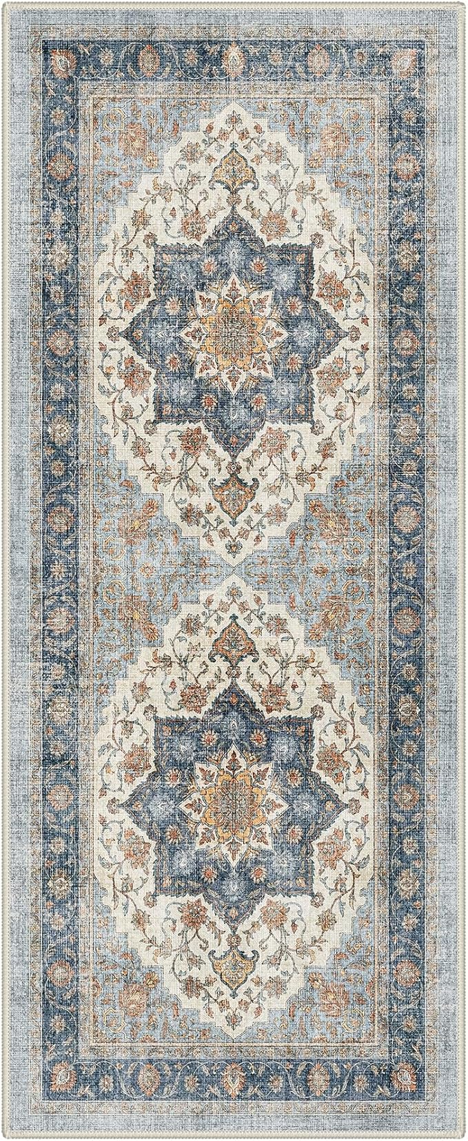 GENIMO Runner Rug 2x5 Non Slip Machine Washable Hallway Runner Rug, Low Pile Lightweight Rugs for Entryway, Hallway, Kitchen and Corridor, Vintage Blue Medallion