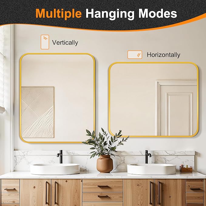 Delma Bathroom Vanity Mirror, Black Framed Bathroom Mirror for Over Sink, High-Definition Bathroom Mirror, Versatile Bathroom Vanity Mirror, Hangs Horizontally or Vertically(36x30, Gold)