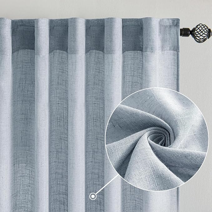 MIULEE Chambray Blue Linen Curtains 90 Inch Long 2 Panels for Bedroom Living Room, Soft Linen Textured Window Drapes Semi Sheer Light Filtering Back Tab Rod Pocket Farmhouse Modern Burlap Look Decor