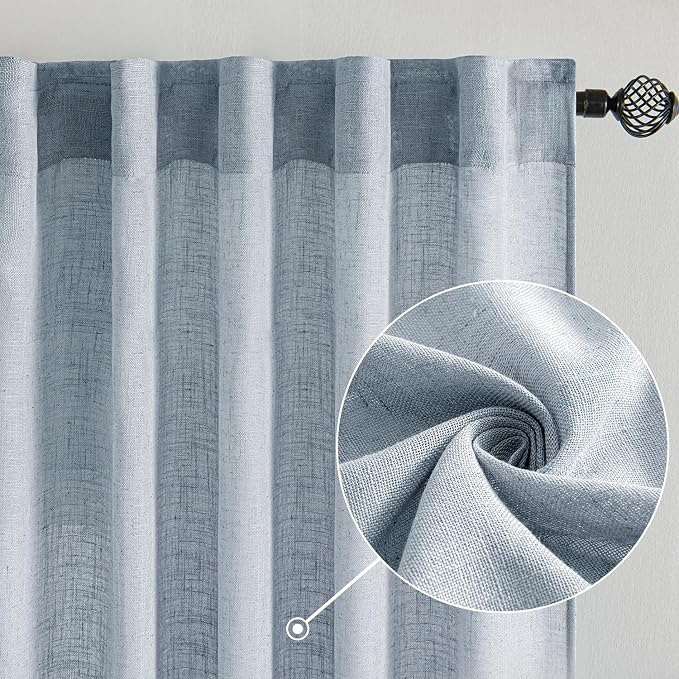 MIULEE Chambray Blue Linen Curtains 96 Inches Long 2 Panels for Bedroom Living Room, Soft Linen Textured Window Drapes Semi Sheer Light Filtering Back Tab Rod Pocket Farmhouse Modern Burlap Look Decor