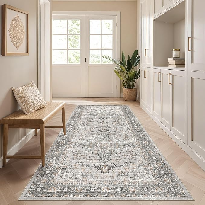 Runner Rug Kitchen Washable Rugs: 2x6 Non-Slip Boho Soft Vintage Stain Resistant Indoor Floor Neutral Farmhouse Throw Carpet for Hallway Bathroom Laundry Room Entryway Bedroom- Taupe