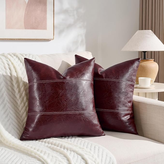 Fancy Homi Burgundy Faux Leather Decorative Throw Pillow Covers 20x20 Inch for Couch Bed Sofa, Rustic Modern Farmhouse Boho Home Decor, Wine Red Hand Stitched Accent Square Cushion Case 50x50 cm