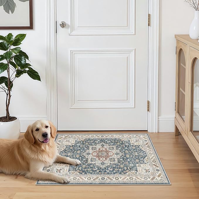 Vintage Entryway Area Rug 2x3 - Large Soft Washable Oriental Traditional Distressed Farmhouse Rugs for Bedroom - Indoor Floor Accent Carpet for Home Office House Decor - Blue