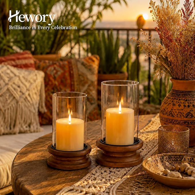 Hewory Hurricane Glass Candle Holder: 2PCS Rustic Brown Candle Holders for Pillar Candles, Vintage Decorative Wood Stand with Clear Glass Cover for Weddings Christmas Table Centerpiece Home Decor