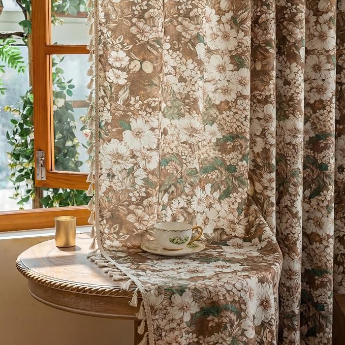 OYX Boho Floral Curtains 84 Inch, Linen Farmhouse Flower Drapes with Lace & Tassels, Light Filtering Semi Sheer Curtains for Living Room Bedroom, 2 Panels