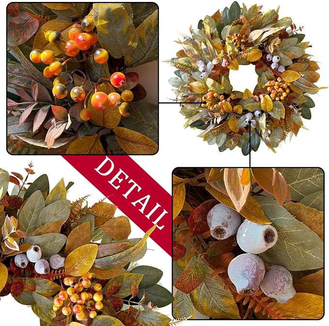 WANNA-CUL 22 Inch Eucalyptus Fall Front Door Wreath Harvest Farmhouse Decor | Year Round Vintage Artificial Greenery Autumn Wreath with Mixed Berries Indoor Outdoor Table Centerpiece Thanksgiving Decor
