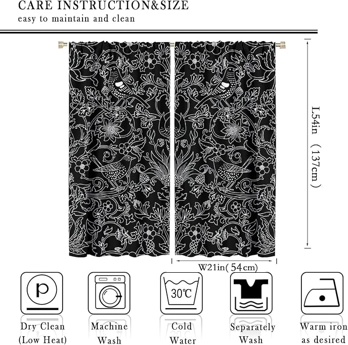 Bohemia William Morris Art Blackout Window Curtains, Vintage Flowers and Birds Dark Magic Forest Background, for Living Room Bedroom 21(W)*54(L) 2 Panels