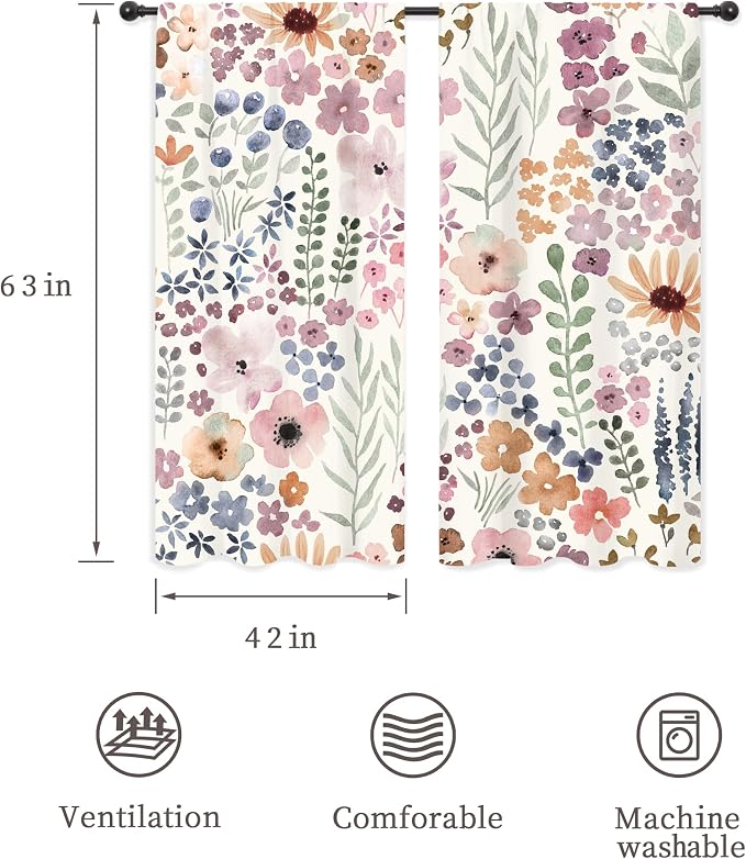 Riyidecor Colorful Floral Curtains Cute Boho Pink Wildflower Trendy Pretty Aesthetic for Girls Rod Pocket Watercolor Plant Leaves Botanical Bedroom Living Room Treatment Fabric 2 Panels 42Wx63H Inch