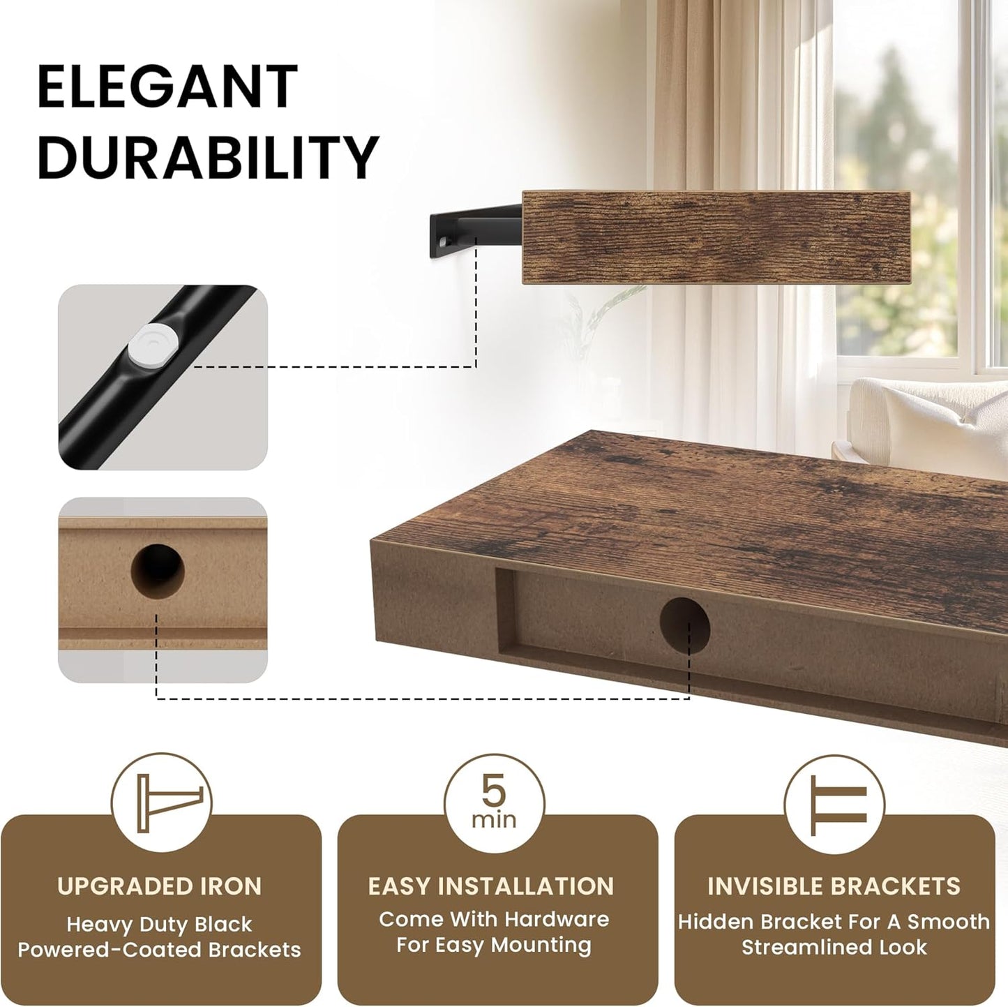 Floating Shelves for Wall, 48"W x 9.3"D x 1.5"H, Wooden Wall Mounted Display Shelf with Invisible Brackets for Living Room, Bedroom, Bathroom, Kitchen Decor and Storage, Set of 1, Rustic Brown