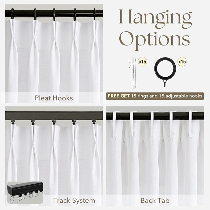 Pinch Pleated White Linen Curtains 86 inches Long for Living Room 2 Panels Light Filtering Semi Sheer White Pinch Pleat Curtain 86 Length Modern Coastal Decor Off White Cotton Textured Window Drapes
