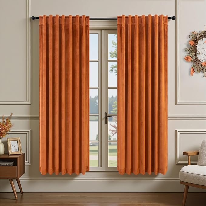 Burnt Orange Velvet Curtains 72 Inch Length 2 Panels for Dining Room Living Back Tab Pleated Thermal Insulated Curtains for Summer Heat Block Winter Rust Terracotta Drape for Girls Bedroom Kids Funky