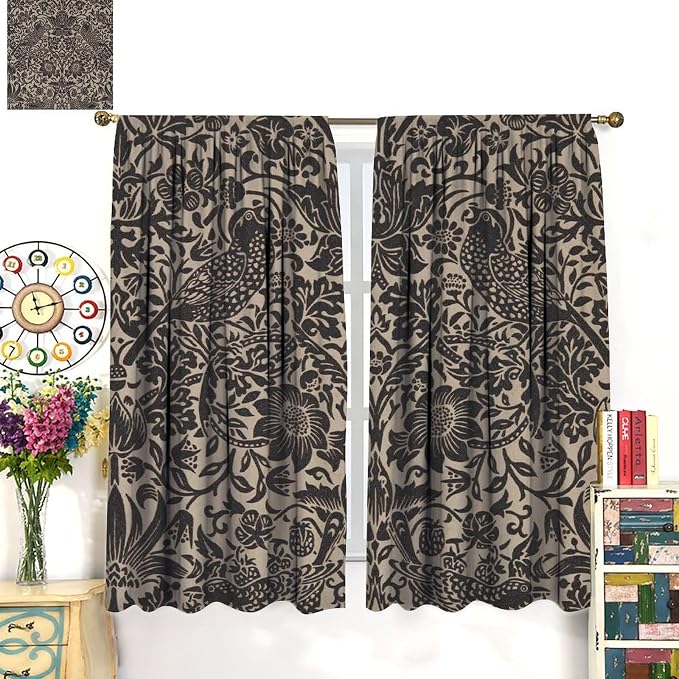William Morris Style Blackout Window Curtains, Vintage Flower Birds Medieval Abstract Floral Window Drapes, for Living Room Bedroom 31.5(W)*72(L) 2 Panels