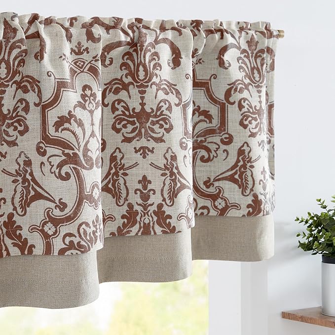 jinchan Linen Valance Curtain for Kitchen Vintage Damask Floral Blackout Valance Double Layer Small Window Curtain for Living Room Bedroom Bathroom 18 Inch Rod Pocket 1 Panel Terracotta on Beige