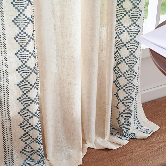 jinchan Boho Curtains Linen Blend Beige Farmhouse Curtains 96 Inches Long for Living Room Blue Square Embroidered Bordered Back Tab Bedroom Window Light Filtering Bohemian Drapes 2 Panels