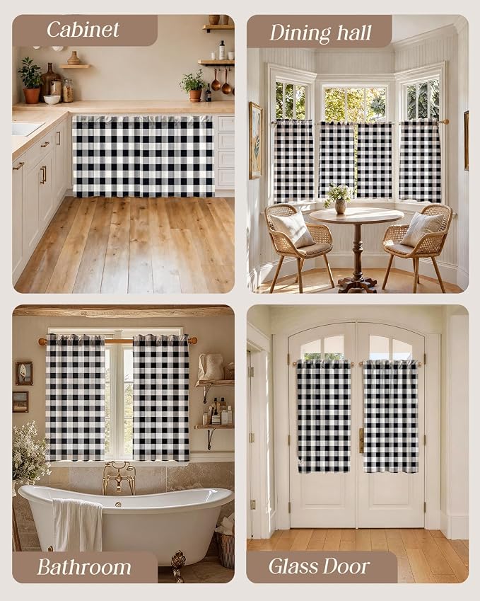 Miss Adola Farmhouse Kitchen Tier Curtains - 45 Inch Length Linen Blend Cafe Curtains Plaid Checkered Small Window Treatments Over Sink Rod Pocket for Bathroom Living Room Light Filtering, 2 Panels