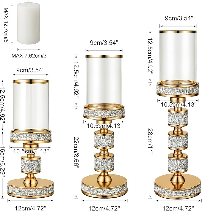 Hurricane Candle Holder, 15.9" Tall Metal Candle Stand, Glass Pillar Candle Holders Crystal Gold Decorative Centerpieces for Table, Wedding and Dining Room (Fits Candles up to 3"x5", 3pcs, S+M+L)