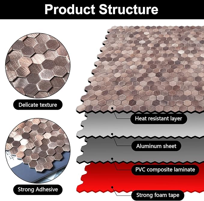 KASARO Peel and Stick Backsplash Tiles, 12" x 12" 3D Pink Hexagon Metal Mosaic Wall Panel, Self-Adhesive Waterproof Kitchen Backsplash for Bathroom, Fireplace, Living Room Decor, 8 Pack