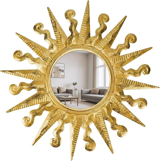 Golden Sun Wall Mirror Decorative 24 inch Metal Frame Mirror Sunburst Boho Mirror for Entryway Bedroom Living Room Bathroom House Warming Gifts New Home Essential