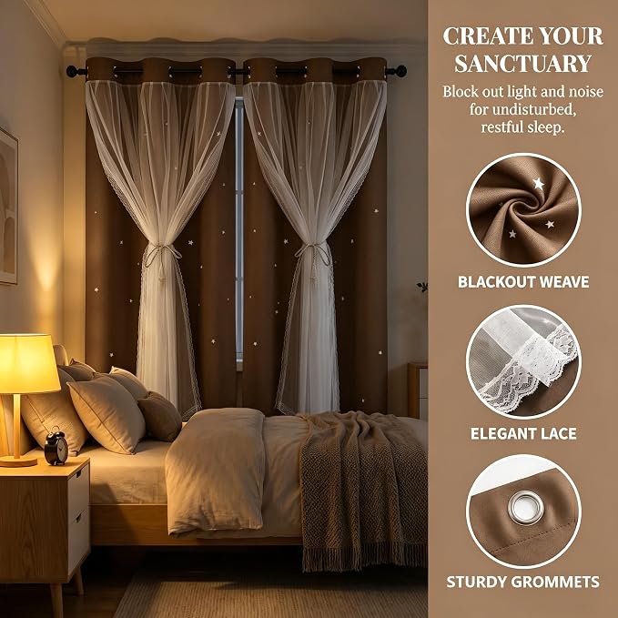 Kids Blackout Curtains for Bedroom/Living Room/Classroom, Sheer Overlay 2 Free Tiebacks, Double Layer Curtains with Star Cutout for Kids Room(Each Piece W 70 x L 84 Inches 2 Pcs Coffe)