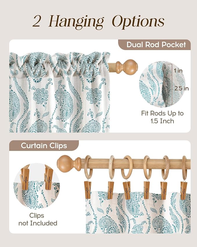 Miss Adola Farmhouse Kitchen Tier Curtains - 24 Inch Length Linen Blend Floral Cafe Curtains Blue Small Window Treatments Over Sink Rod Pocket for Bathroom Living Room Light Filtering, 2 Panels