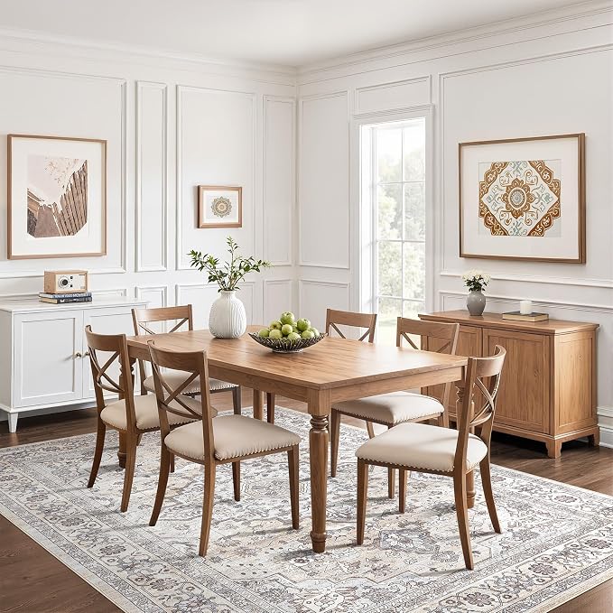 7x10 Area Rug Living Room: Washable Boho Large Neutral Vintage Soft Rugs Stain Resistant Farmhouse Non Slip Indoor Floor Carpet for Bedroom Nursery Kids Playroom Office Dining Room- Ivory Gray
