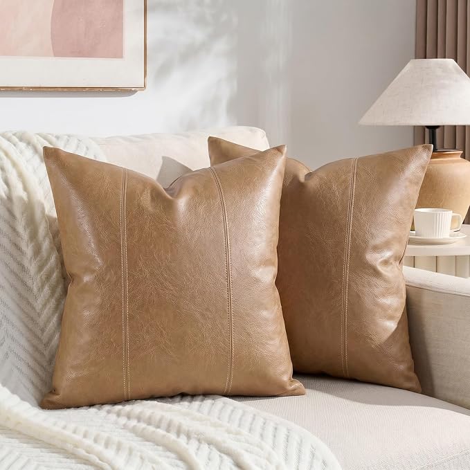 Fancy Homi Light Brown Boho Long Square Faux Leather Decorative Throw Pillow Covers 20x20 Inch for Living Room Couch Bed Sofa, Hand Stitched Cushion Case, Rustic Modern Farmhouse Home Decor