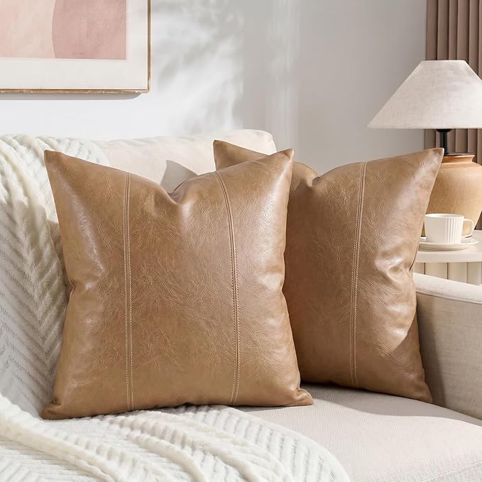 Fancy Homi Light Brown Boho Long Square Faux Leather Decorative Throw Pillow Covers 18x18 Inch for Living Room Couch Bed Sofa, Hand Stitched Cushion Case, Rustic Modern Farmhouse Home Decor
