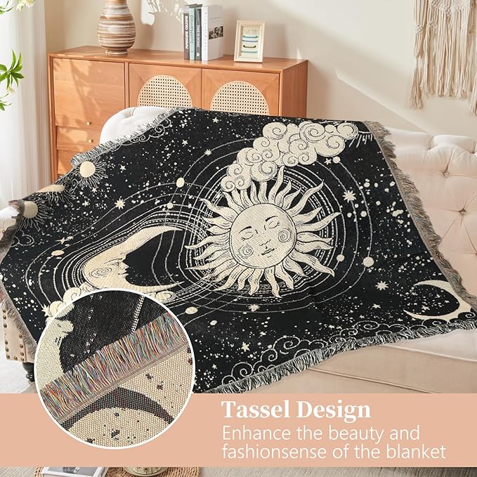 Boho Throw Blanket Reversible Cotton Bohemian Tapestry Hippie Room Decor Outdoor Blanket Double Sided (Sun Moon 50"x60")
