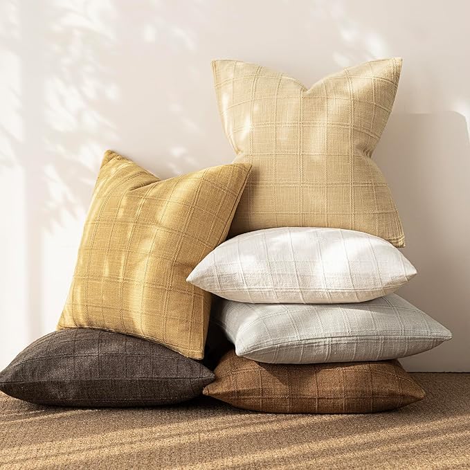 Foindtower Set of 2 Decorative Linen Check Throw Pillow Covers Neutral Farmhouse Lumbar Cushion Covers Modern Boho Accent Home Decor for Sofa Chair Couch Bedroom Living Room,12×20 Inch,Amber Gold