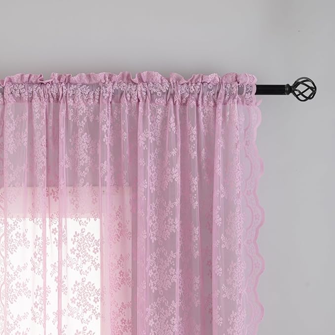 YJ YANJUN Vintage Lace Curtains 72 Inches Long-Victorian Floral Pattern Lilac Sheer Curtain Panels for Living Room Bedroom,Light Filtering, Cute Girls Drapes 2 Panels 52W x 72L Purple Blush