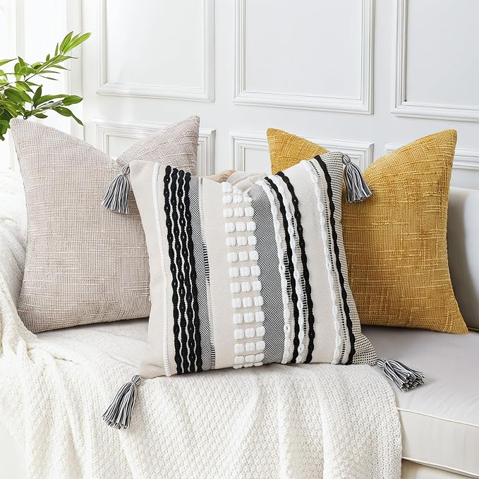 NUYECY Boho Throw Pillow Covers 16x16 Aesthetic Neutral Boucle Couch Pillow Cover Rainbow Striped Decorative Accent Pillow Case for Couch Bed Sofa Farmhouse,Modern Funky,Set of 2 Black and White