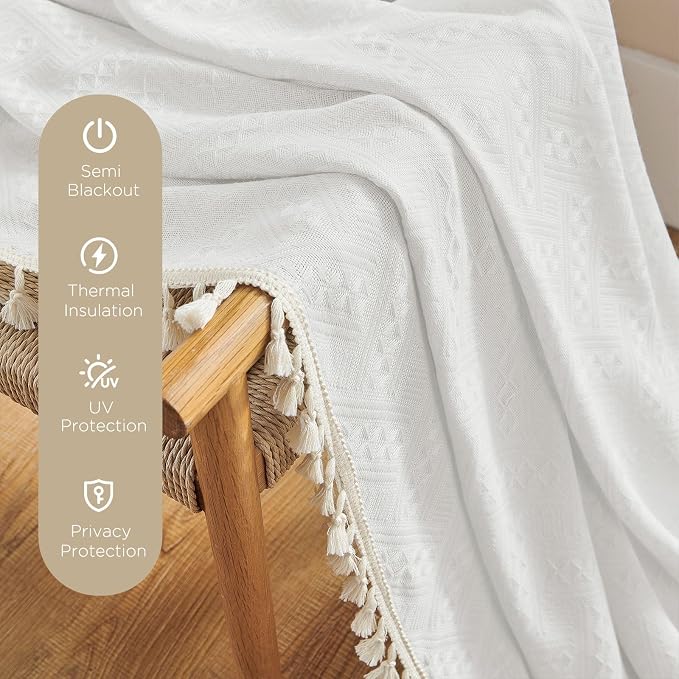 Joydeco White Boho Curtains 84 Inch Length 2 Panels, Super Soft Bohemian Farmhouse Curtains with Tassels, Semi Sheer Light Filtering Drapes for Bedroom Living Room (Rod Pocket, 52Wx84L)