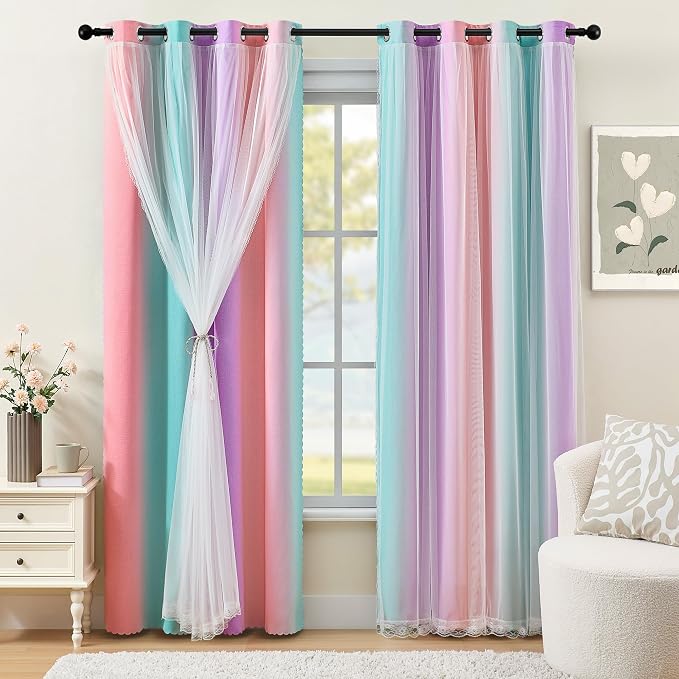 XiDi Double Layer Curtains for Nursery Girls Bedroom 84 Inches Long Full Blackout for Kids Princess Room Colorful Rainbow Design Unicorn Wall Decor Ombre Pink Purple Green Curtains W52 X L84 2 Panels