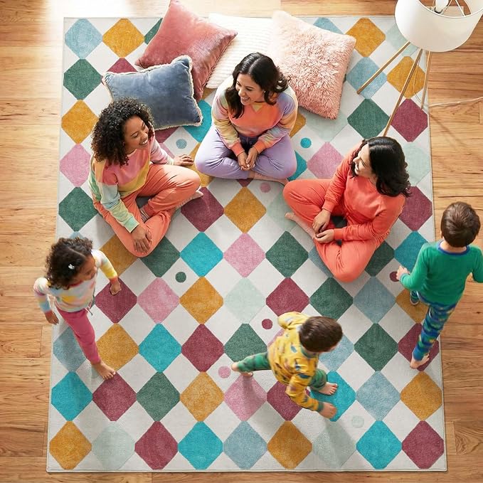 jinchan Macy 7x9 Kids Area Rug for Classroom Modern Colorful Nursery Rug Checkered Diamond Play Mat Washable Soft Non Slip Carpet for Playroom Living Room Bedroom Daycare Confetti on Cream