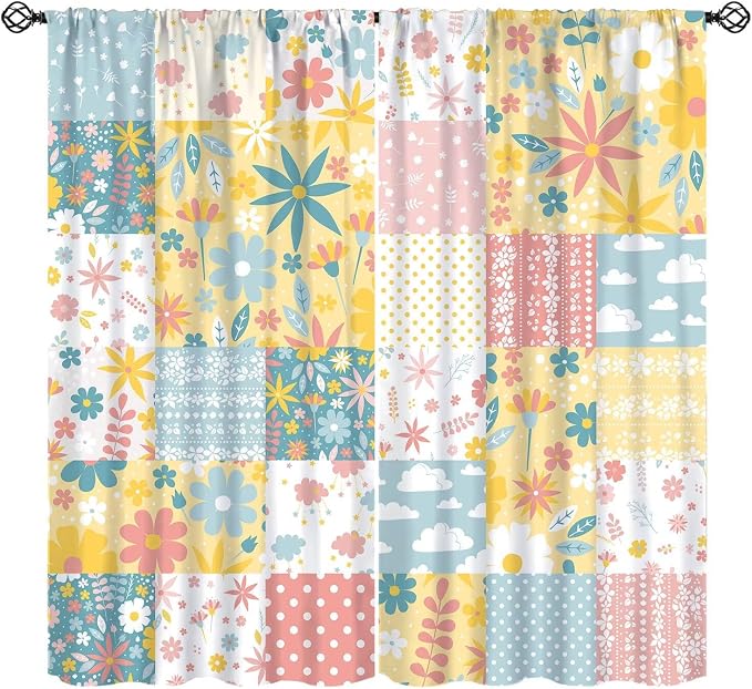 Boho Patchwork Floral Blackout Curtains Retro Rustic Flowers Plants Vintage Farmhouse Print Window Drapes for Bedroom Living Room Kitchen Cafe （W42xL84 Inch） x2 Panels