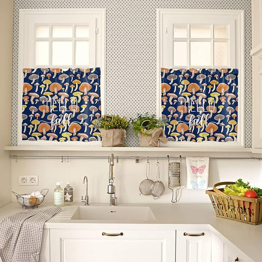 Kitchen Tier Curtains 36 inches Long, Hello Fall Thanksgiving Orange Yellow Mushroom Navy Blue Window Curtains for Living Room Bath,Rod Pocket Light Filter Drapes Half Window Treatment Tiers 2 Panels