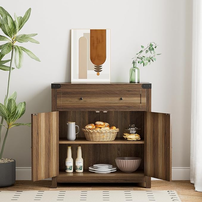 YESHOMY Farmhouse Coffee Bar Cabinet Sideboards, with Barn Doors, Spacious Drawer, Adjustable Interior Shelf, Generous Top Surface, for Kitchen, Bathroom, Entryway, Living Room, Rustic Brown