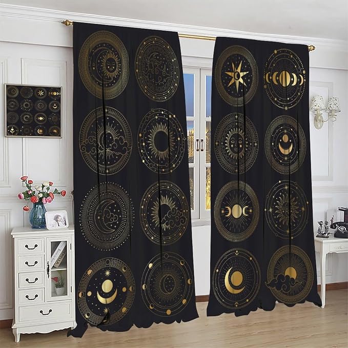 Bohemian Sun Moon Star Blackout Curtains, Golden Retro Style Sun and Moon Pattern Print Window Drapes, for Living Room Bedroom 84x84in 2 Panels