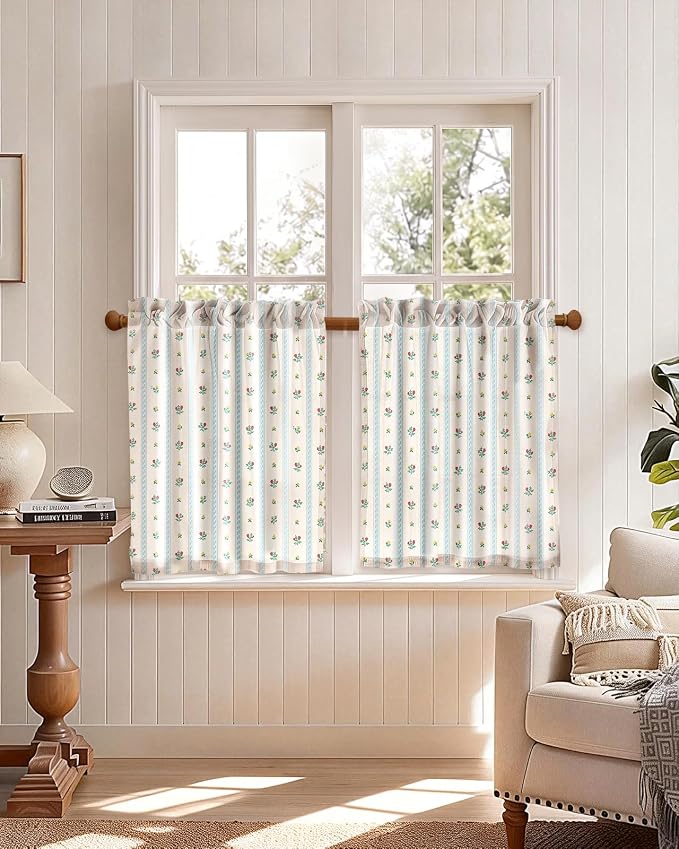 Miss Adola Farmhouse Kitchen Tier Curtains - 30 Inch Length Linen Blend Boho Cafe Curtains Blue Floral Small Window Treatments Over Sink Rod Pocket for Bathroom Living Room Light Filtering, 2 Panels