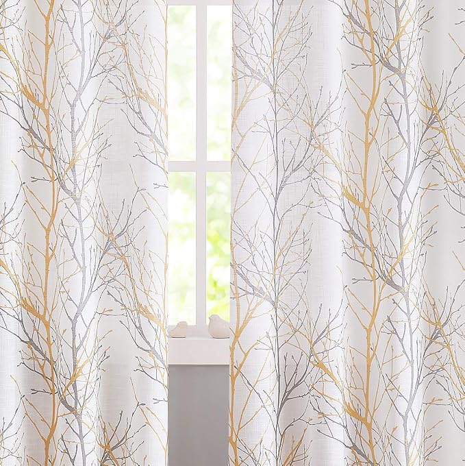 FMFUNCTEX Linen Semi Sheer Curtains for Bedroom, Yellow White Curtains 45 Inches Long for Living Room, Grey Tree Branch Print Curtain Light Filtering Kitchen Window Drapes, Grommet Top 2 Panels