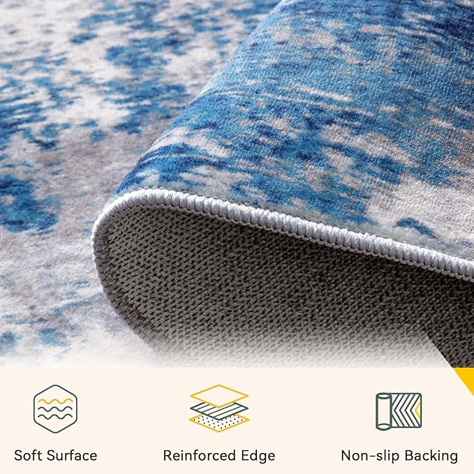 RELEANY Washable Area Rugs 4ft Non-Slip Modern Abstract Soft for Living Room Entryway Bedroom Kitchen, Print Pattern, Blue Grey Navy Gray