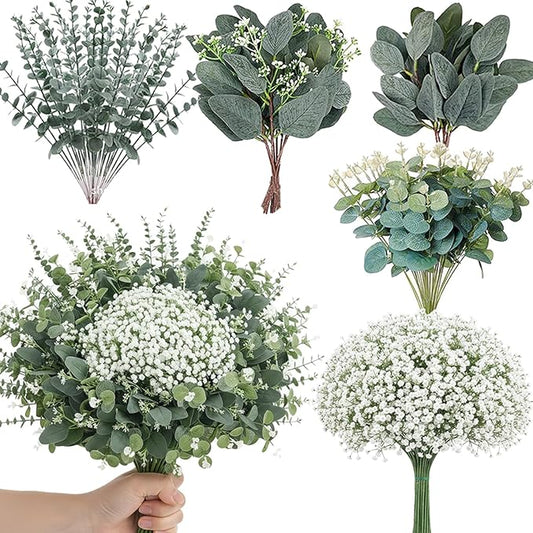 240 Pcs 5 Mixed Eucalyptus Greenery Stems Artificial Baby Breath Flowers Bulk Eucalyptus Leaves Bundle Faux for DIY Wedding Decoration Bouquets Home Arrangement Floral Vase Decor