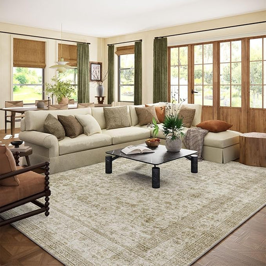 10x14 Area Rug Washable Rugs: Large Living Room Rug Stain Resistant Non Slip Distressed Vintage Low Pile Faux Wool Soft Carpet for Bedroom Farmhouse Dining Room Kids Playroom Nursery