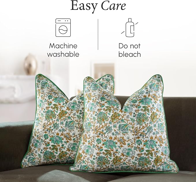 CPC 100% Cotton Throw Pillow Covers 18x18 Inch, Set of 2 Blue Block Print Pattern Couch Pillow, Cute Boho Decorative Pillows for Living Room, Bedroom with Hidden Zipper- Harvest Bloom