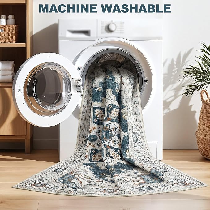 5x7 Washable Area Rug: Vintage Neutral Soft Non Slip Thin Large Floor Carpet for Living Room Bedroom Kitchen Dining Room Home Office Farmhouse Indoor - Blue