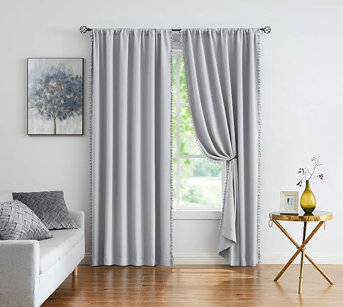 Treatmentex Pom Pom Grey Curtains for Bedroom Windows 90 inch Energy Efficient Thermal Insulated Living Room Darkening Curtain Panels Drapes Nursery Room Children 52" w x2 Panels Rod Pocket