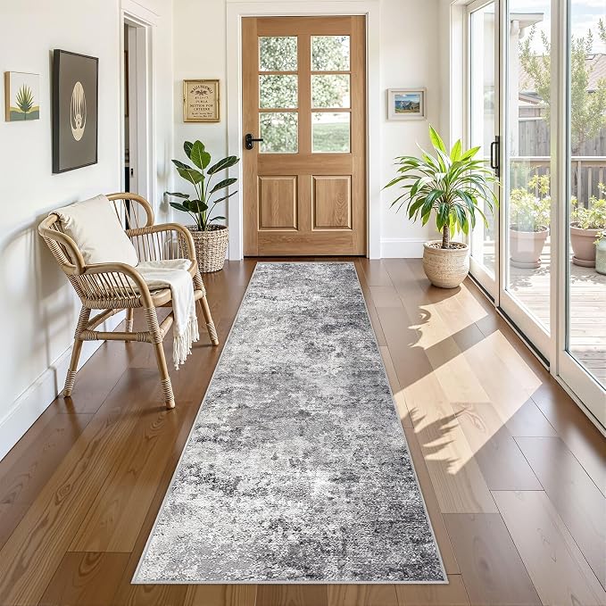 UERMEI 2x8 Washable Runner Rug for Hallway, Non Slip Low Pile Kitchen Carpet, Neutral Modern Abstract Indoor Floor Mat for Entryway Laundry, Kid & Pet Safe High Traffic Area, Grey