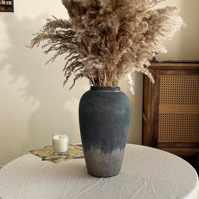 Ceramic Rustic Farmhouse Vase, 12 Inch Black Handmade Pottery Flower Vase for Home Decor, Rustic Living Room Decor, Wedding Gifts, Shelf & Table Decoration