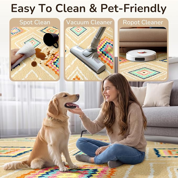 BESTSWEETIE Area Rug 9x12 Rug Machine Washable Non-Slip Low Pile Print Pattern Western Rug for Living Room Bedroom Entryway Tribal Series -Cream/Beige