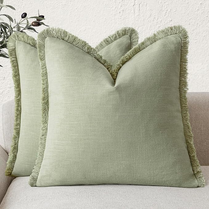 Foindtower Set of 2 Decorative Linen Fringe Throw Pillow Covers Boho Farmhouse Cushion Cover with Tassels Soft Accent Pillowcase for Couch Sofa Bed Living Room Home Decor,16×16 Inch,Light Sage Green